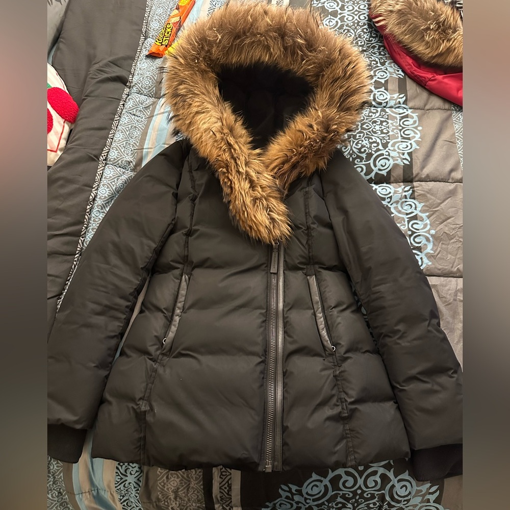 Mackage Black and Brown Puffer Jacket with Faux Fur Trim